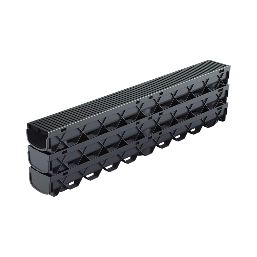 Reln Storm Mate Channel and Grate - Garage Pack includes 3 x 1m Storm Mate Channels and Heel guard Plastic Black Grates (1m (L) x 120mm (W) 85mm (D), 2 x End Caps